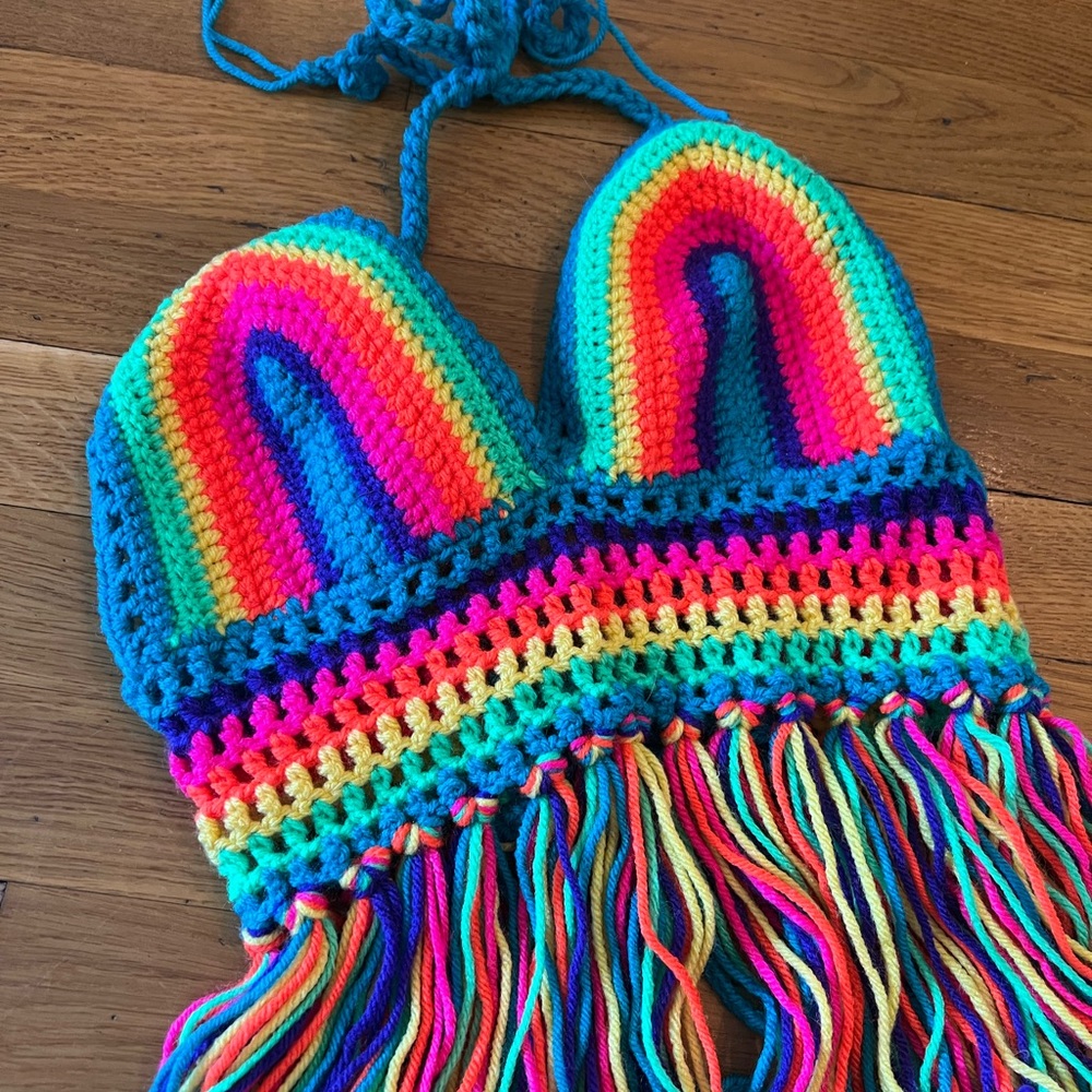 Neon Crochet Halter Top with Fringe